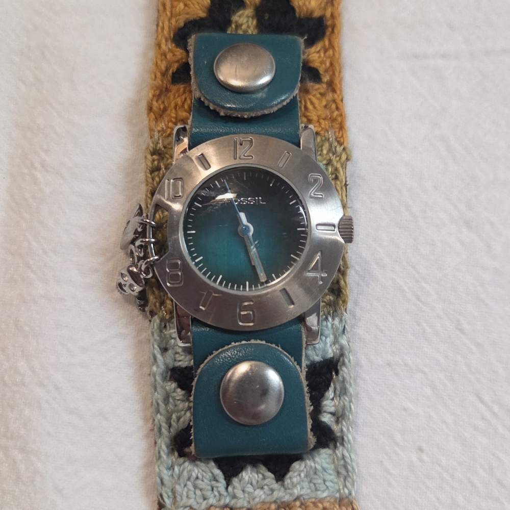 Fossil Silver and Teal Watch with Crochet Band With Charms